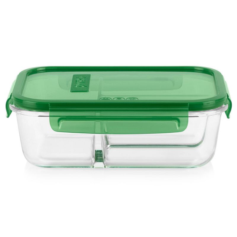 slide 1 of 9, Pyrex 3.8 Cup 3 Compartment Rectangular MealBox Glass Food Storage Container, 1 ct