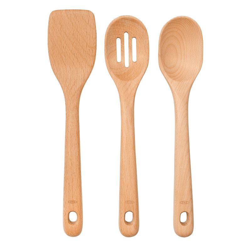 slide 1 of 11, OXO 3pc Wooden Utensil Set: Turner, Spoon & Slotted Spoon for Cooking & Kitchen Use, Hand Wash, Adult, Brown, 3 ct