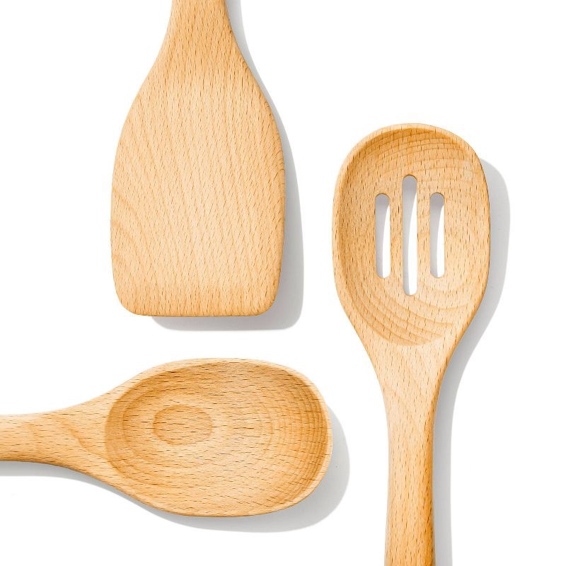 slide 11 of 11, OXO 3pc Wooden Utensil Set: Turner, Spoon & Slotted Spoon for Cooking & Kitchen Use, Hand Wash, Adult, Brown, 3 ct