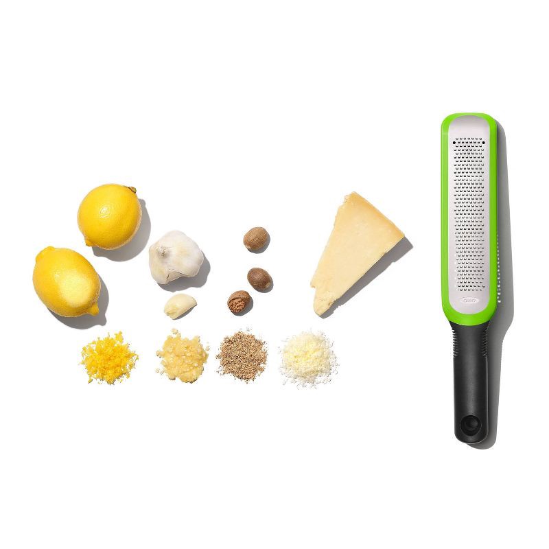 slide 8 of 9, OXO Etched Zester: Stainless Steel Lemon & Garlic Grater, Soft-Grip Handle, Dishwasher-Safe, Green, 1 ct
