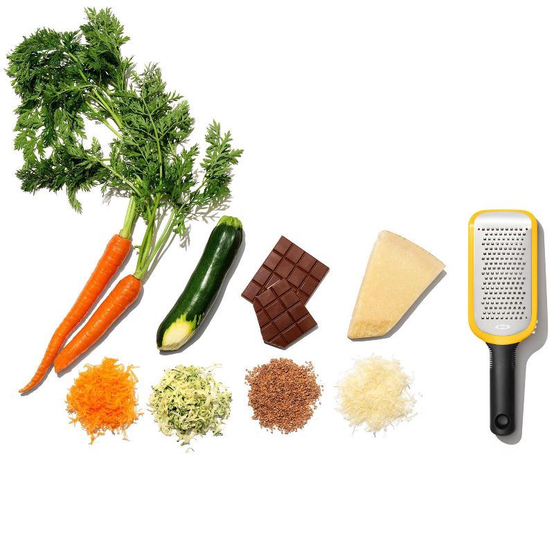 slide 6 of 8, OXO Etched Medium Grater: Stainless Steel Handheld Cheese Grater with Soft-Grip Handle, Dishwasher-Safe, Yellow, 1 ct