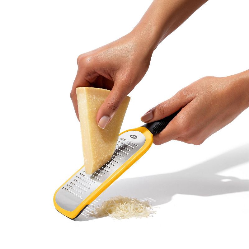 slide 7 of 8, OXO Etched Medium Grater: Stainless Steel Handheld Cheese Grater with Soft-Grip Handle, Dishwasher-Safe, Yellow, 1 ct