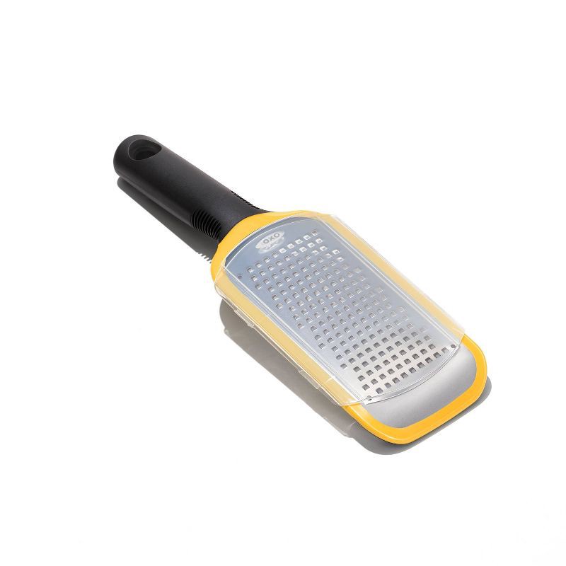 slide 1 of 8, OXO Etched Medium Grater: Stainless Steel Handheld Cheese Grater with Soft-Grip Handle, Dishwasher-Safe, Yellow, 1 ct