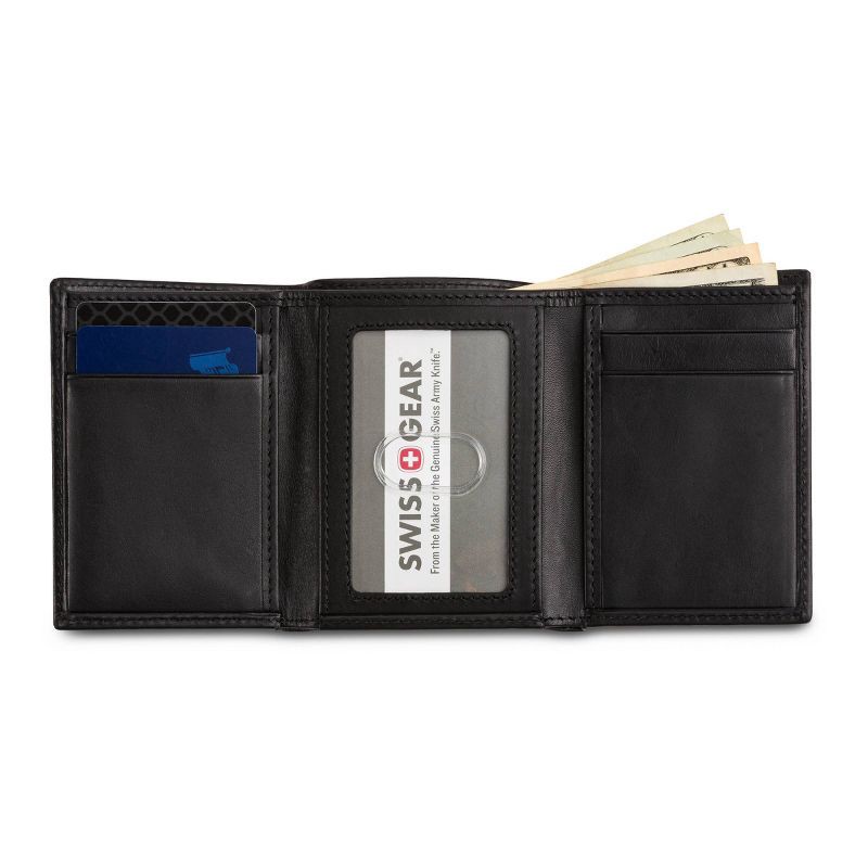 slide 4 of 8, SWISSGEAR Trifold Wallet - Black: Leather, RFID Blocking, Solid Pattern, 1 ct