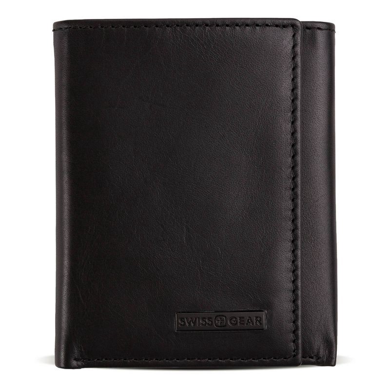 slide 1 of 8, SWISSGEAR Trifold Wallet - Black: Leather, RFID Blocking, Solid Pattern, 1 ct