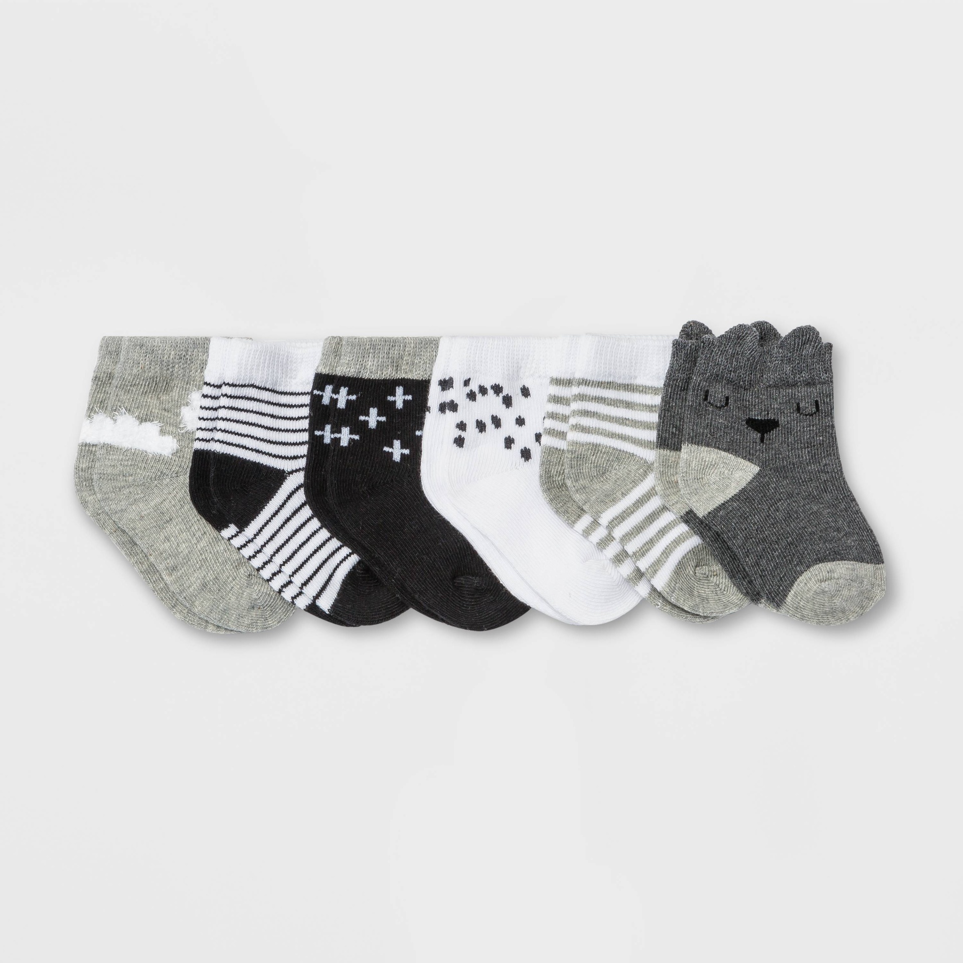 slide 1 of 3, Baby 6pk Crew Socks - Cloud Island Black/White 0-6M, 6 ct