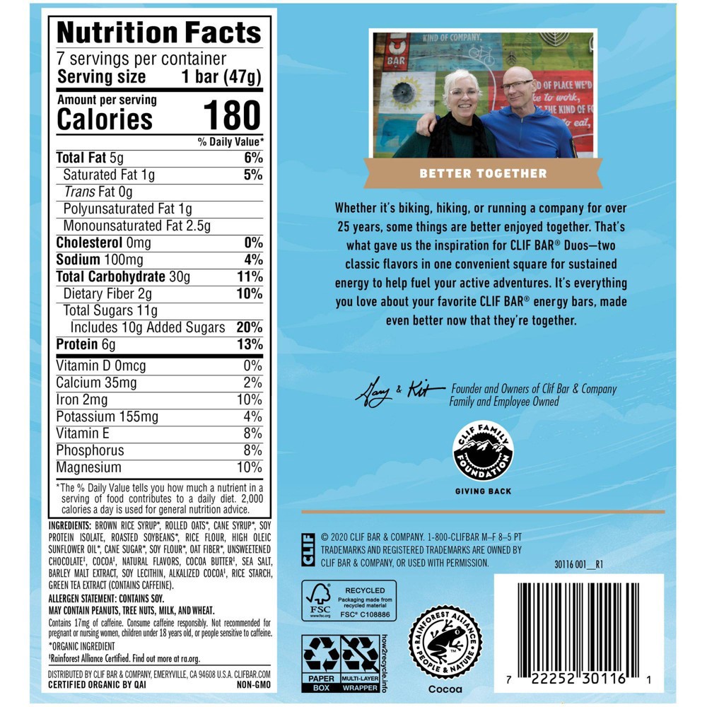 slide 4 of 4, CLIF BAR Duos, Cool Mint Chocolate + Chocolate Chip, 11.62 oz