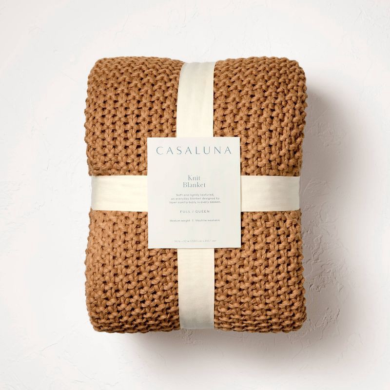 slide 5 of 6, Full/Queen Chunky Knit Bed Blanket Warm Brown - Casaluna™: Acrylic Sweater Knit, Machine Washable, No Style Assigned, 1 ct