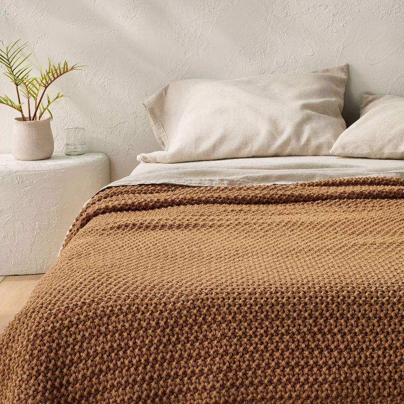 slide 1 of 6, Full/Queen Chunky Knit Bed Blanket Warm Brown - Casaluna™: Acrylic Sweater Knit, Machine Washable, No Style Assigned, 1 ct