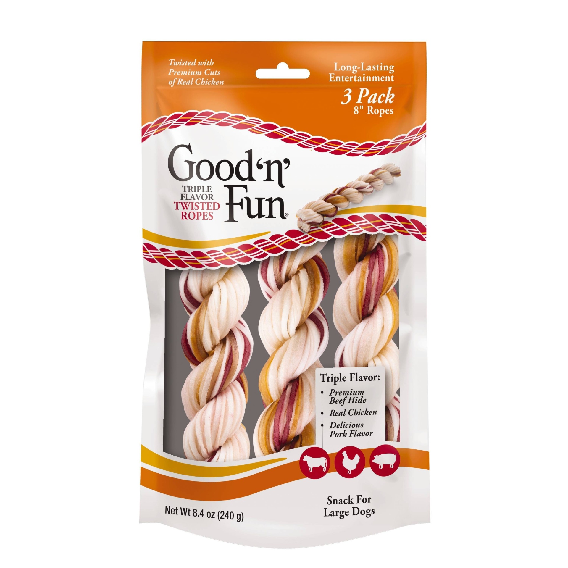 Good 'n' Fun Triple Flavor Twisted Ropes Rawhide with Beef, Pork and