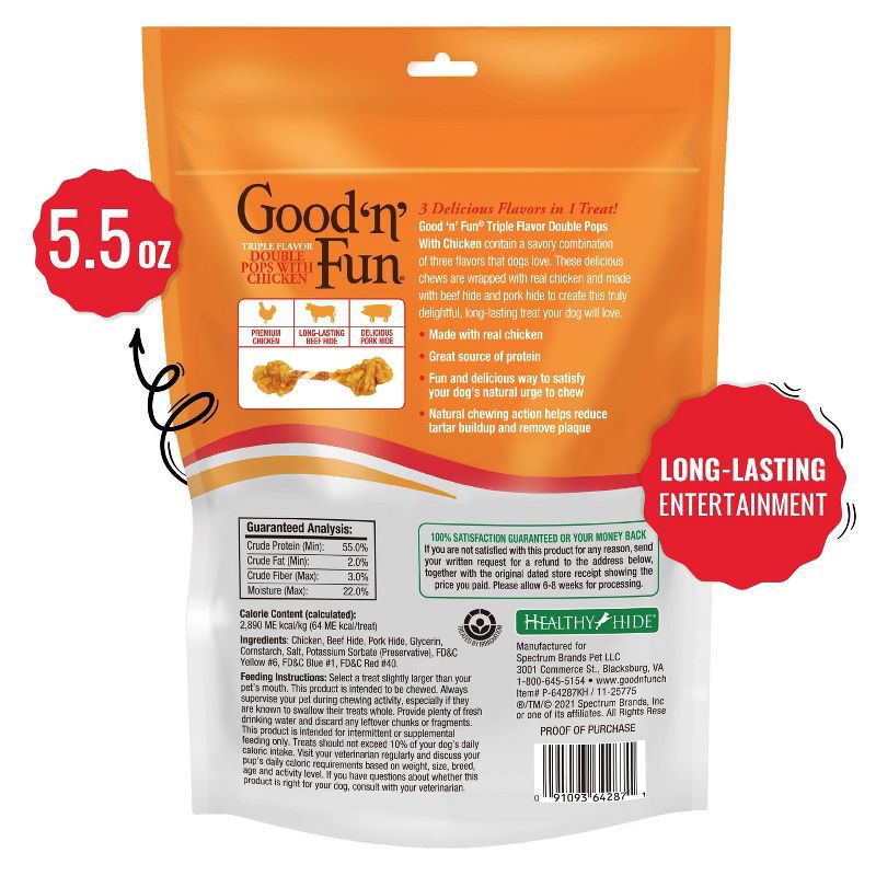slide 14 of 14, Good 'n' Fun Double Meat Pops Rawhide with Chicken, Beef and Pork Flavor Dog Treats - 5.5oz, 5.5 oz
