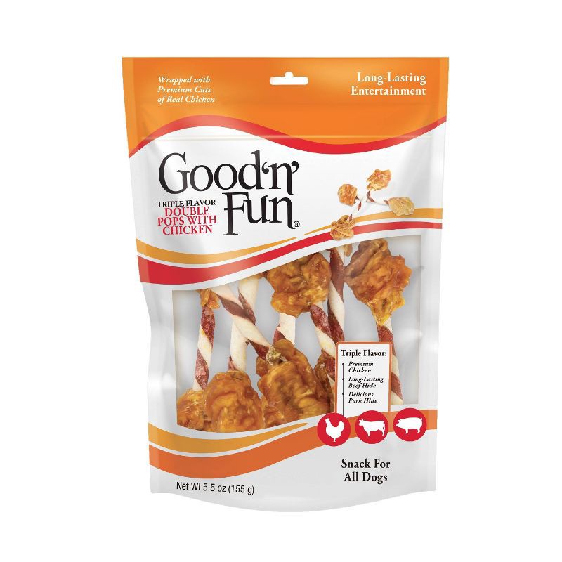 slide 1 of 11, Good 'n' Fun Double Meat Pops Rawhide with Chicken, Beef and Pork Flavor Dog Treats - 5.5oz, 5.5 oz