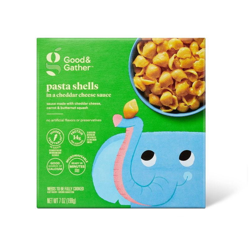 slide 1 of 3, Frozen Pasta Shells in Cheddar Cheese Sauce - 7oz - Good & Gather™, 7 oz