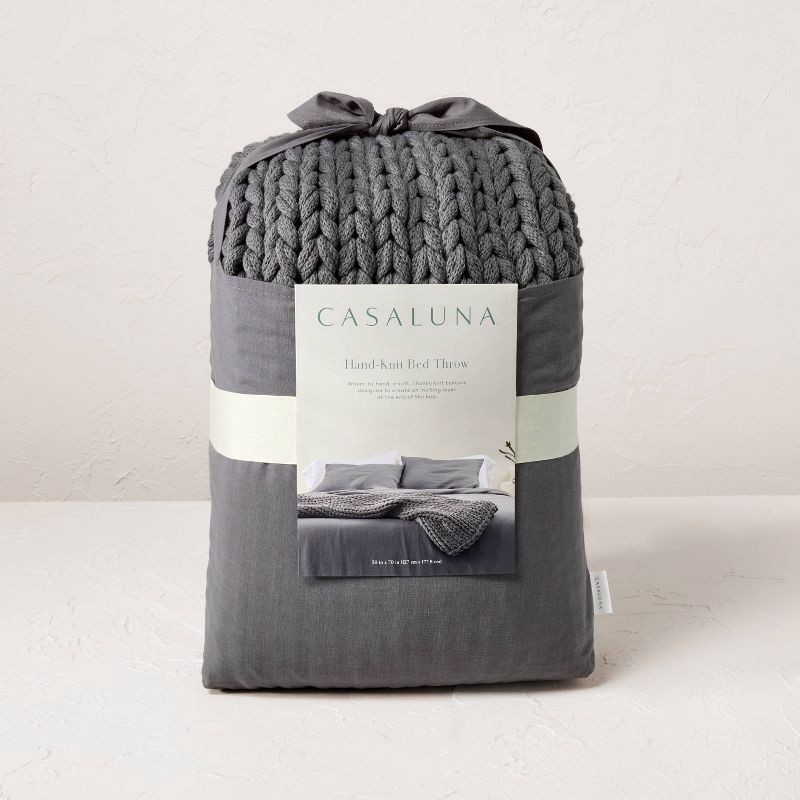 slide 4 of 5, 50"x70" Oversized Solid Bed Throw Dark Gray - Casaluna™: Acrylic, Knitted, Reversible, Machine Washable, 1 ct