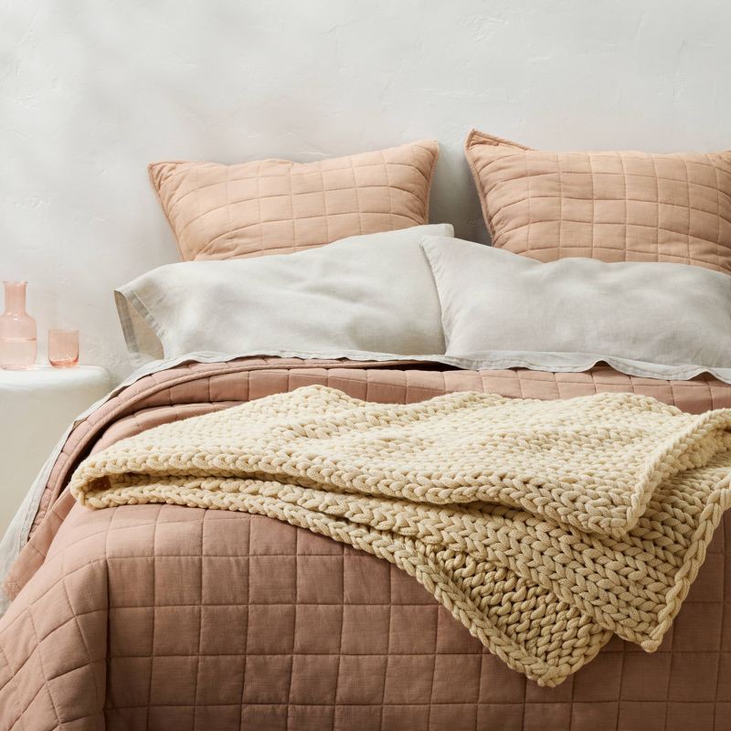 slide 1 of 5, 50"x70" Oversized Solid Bed Throw Natural - Casaluna™: Acrylic Knitted, Reversible, OEKO-TEX Certified, 1 ct