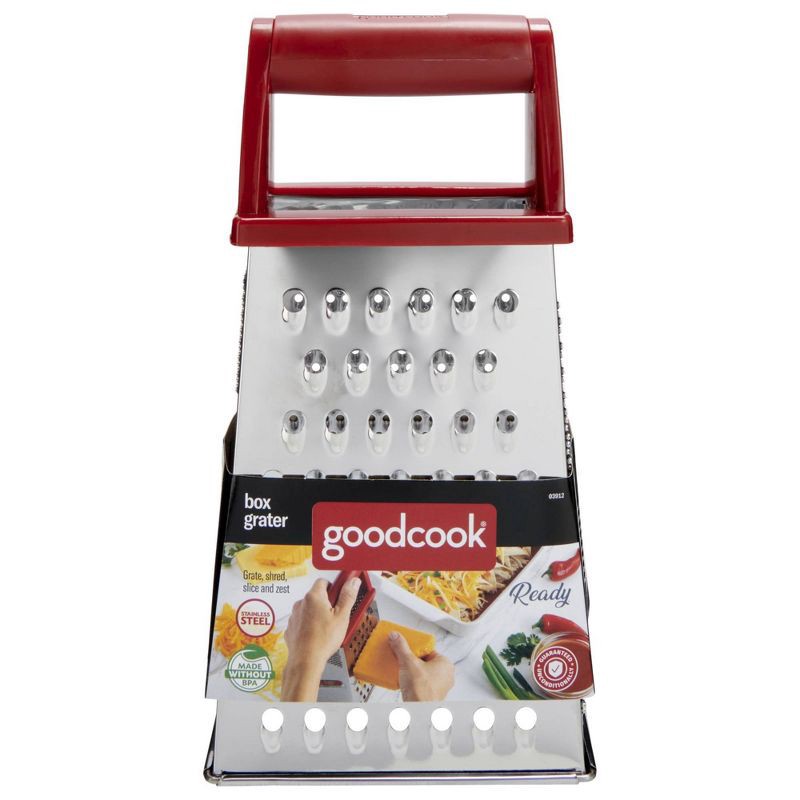 slide 6 of 7, GoodCook Ready Box Grater: Stainless Steel Handheld Cheese & Vegetable Grater, Red, 8.5" Height, Hand Wash, 1 ct
