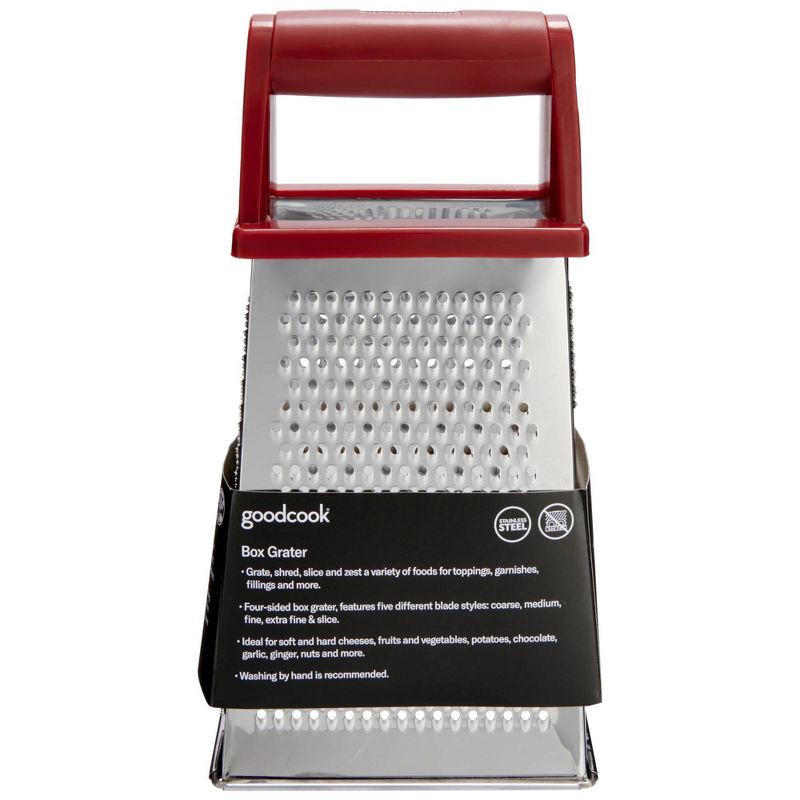 slide 7 of 7, GoodCook Ready Box Grater: Stainless Steel Handheld Cheese & Vegetable Grater, Red, 8.5" Height, Hand Wash, 1 ct