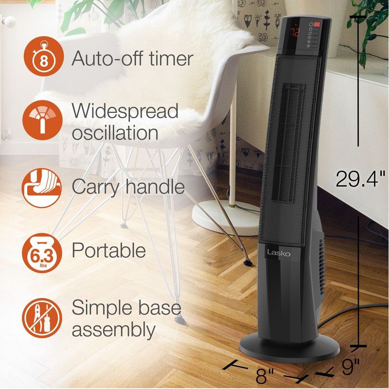 slide 6 of 13, Lasko Ultra Ceramic Tower Heater: Indoor Space Heater with Remote, Adjustable Thermostat, 1500W, Black, ETL Listed, 1 ct