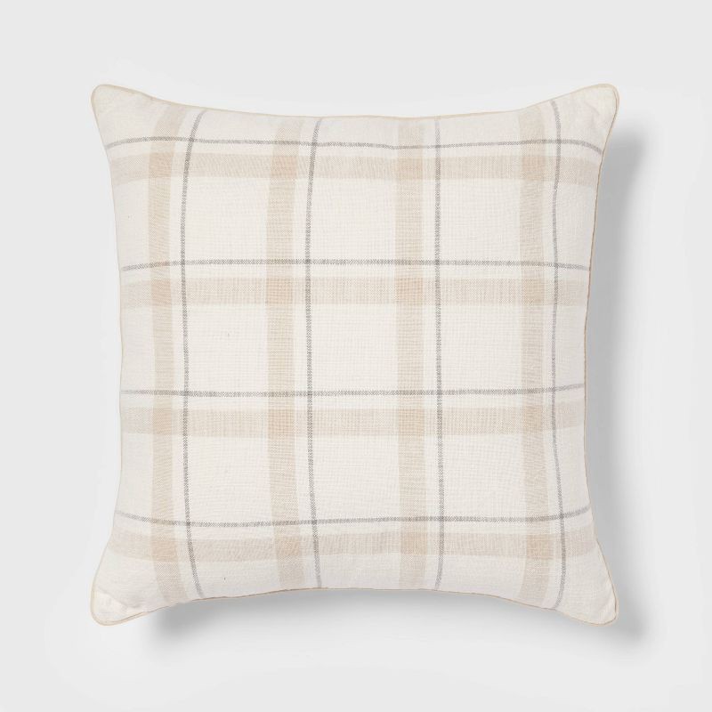 slide 1 of 5, Woven Striped with Plaid Reverse Square Throw Pillow Neutral - Threshold™, 1 ct