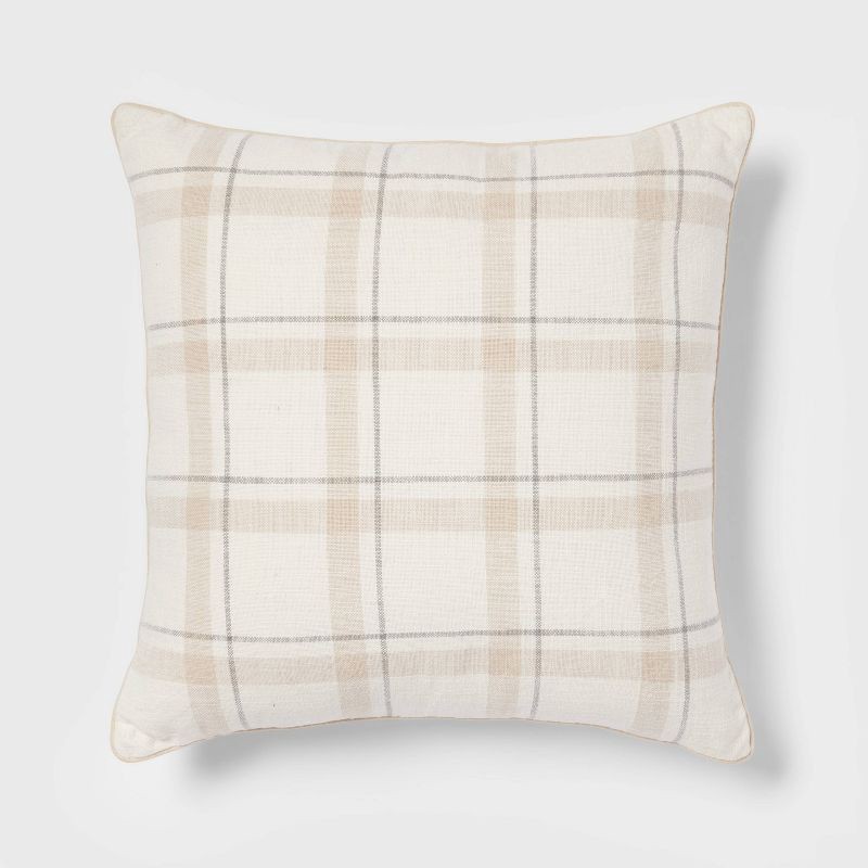 slide 1 of 5, Woven Striped with Plaid Reverse Square Throw Pillow Neutral - Threshold™: 100% Cotton, Indoor Decor, 1 ct