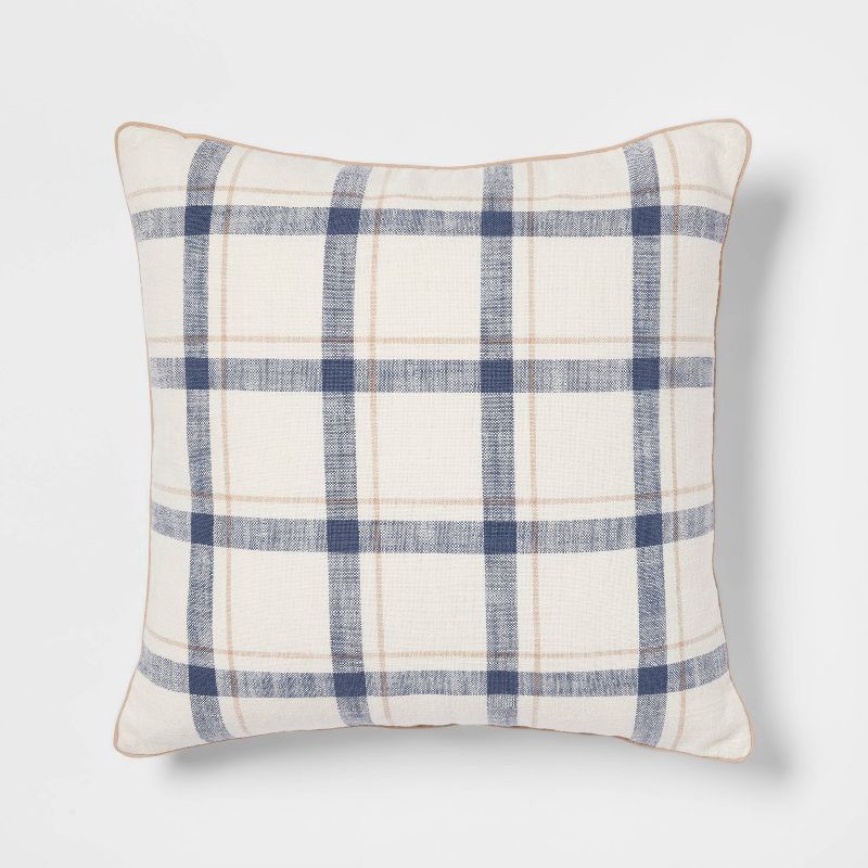 slide 1 of 5, Woven Striped with Plaid Reverse Square Throw Pillow Blue - Threshold™: 100% Cotton, Indoor Decor, Hidden Zipper, 1 ct