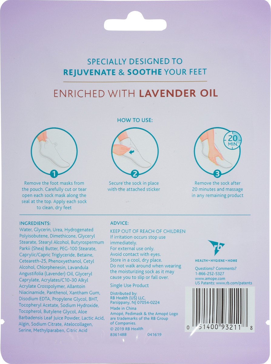 slide 9 of 9, Amope Amopé PediMask 20-Minute Foot Mask, Intensely Moisturizing Socks, Rejuvenates & Soothes, Self-Care, w/ Lavender Oil, Urea, a Blend of Moisturizers & Vitamin Complex for Long Lasting Hydration, 3 pair, 1.02 fl oz