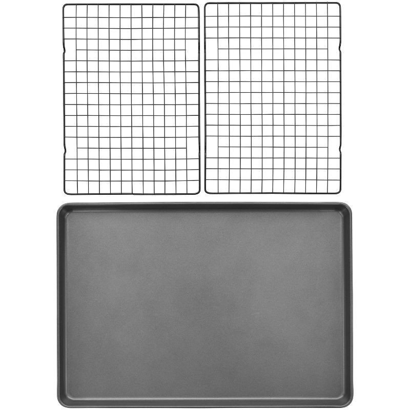 slide 4 of 6, Wilton 3pc Steel Mega Cookie Sheet and Cooling Racks Set: Nonstick Baking Pan, Sheet & Rack, Dishwasher-Safe, Gray, 3 ct
