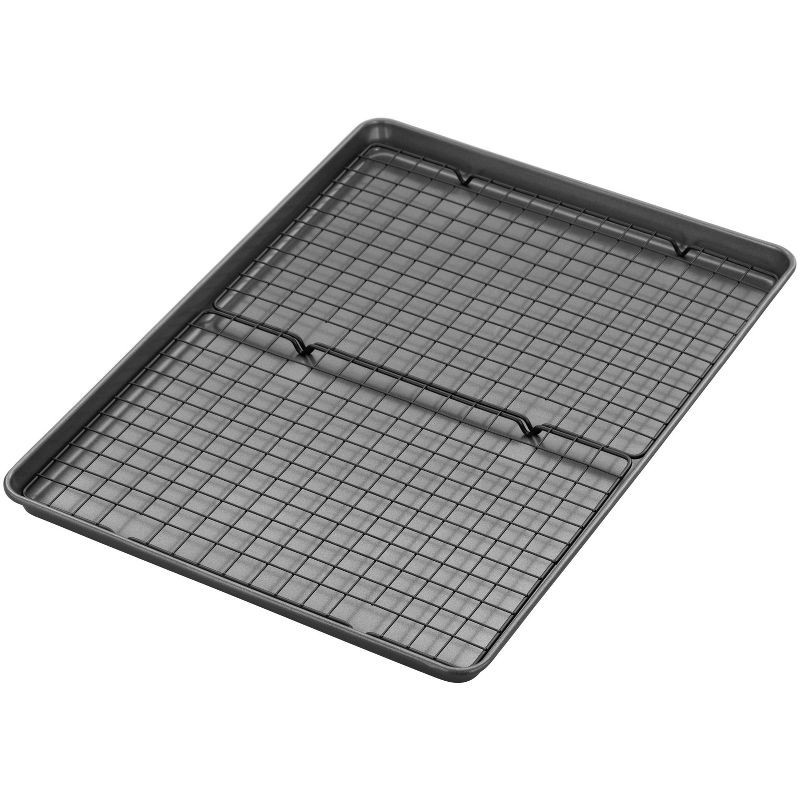 slide 1 of 6, Wilton 3pc Steel Mega Cookie Sheet and Cooling Racks Set: Nonstick Baking Pan, Sheet & Rack, Dishwasher-Safe, Gray, 3 ct