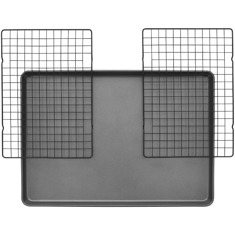 slide 5 of 6, Wilton 3pc Steel Mega Cookie Sheet and Cooling Racks Set: Nonstick Baking Pan, Sheet & Rack, Dishwasher-Safe, Gray, 3 ct