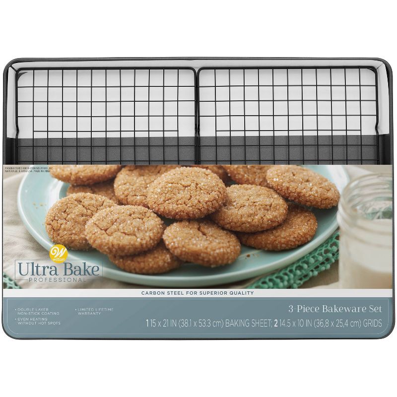 slide 6 of 6, Wilton 3pc Steel Mega Cookie Sheet and Cooling Racks Set: Nonstick Baking Pan, Sheet & Rack, Dishwasher-Safe, Gray, 3 ct