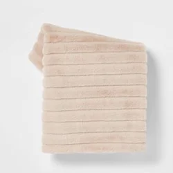 Textured Faux Fur Reversible Throw Blanket Neutral - Threshold™