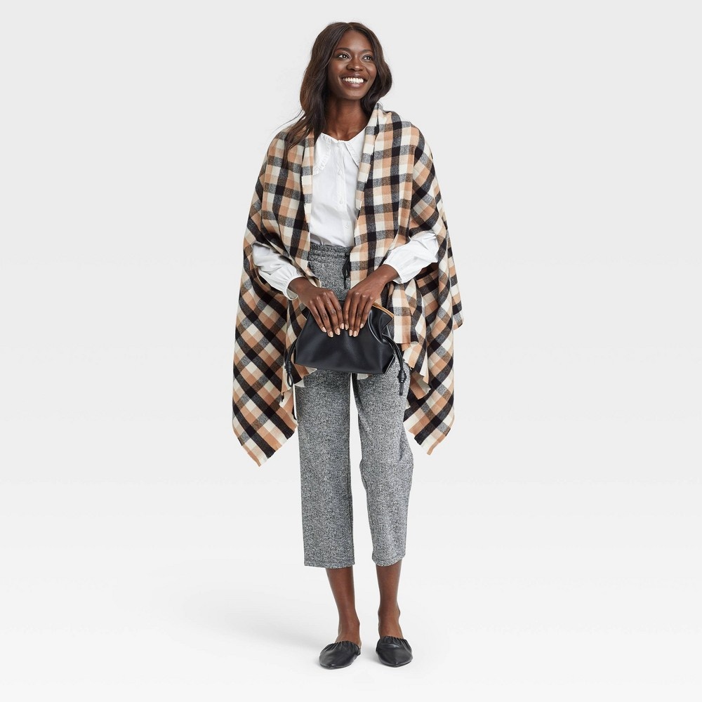 slide 3 of 3, Women's Plaid Wrap Jacket - A New Day Brown One Size, 1 ct