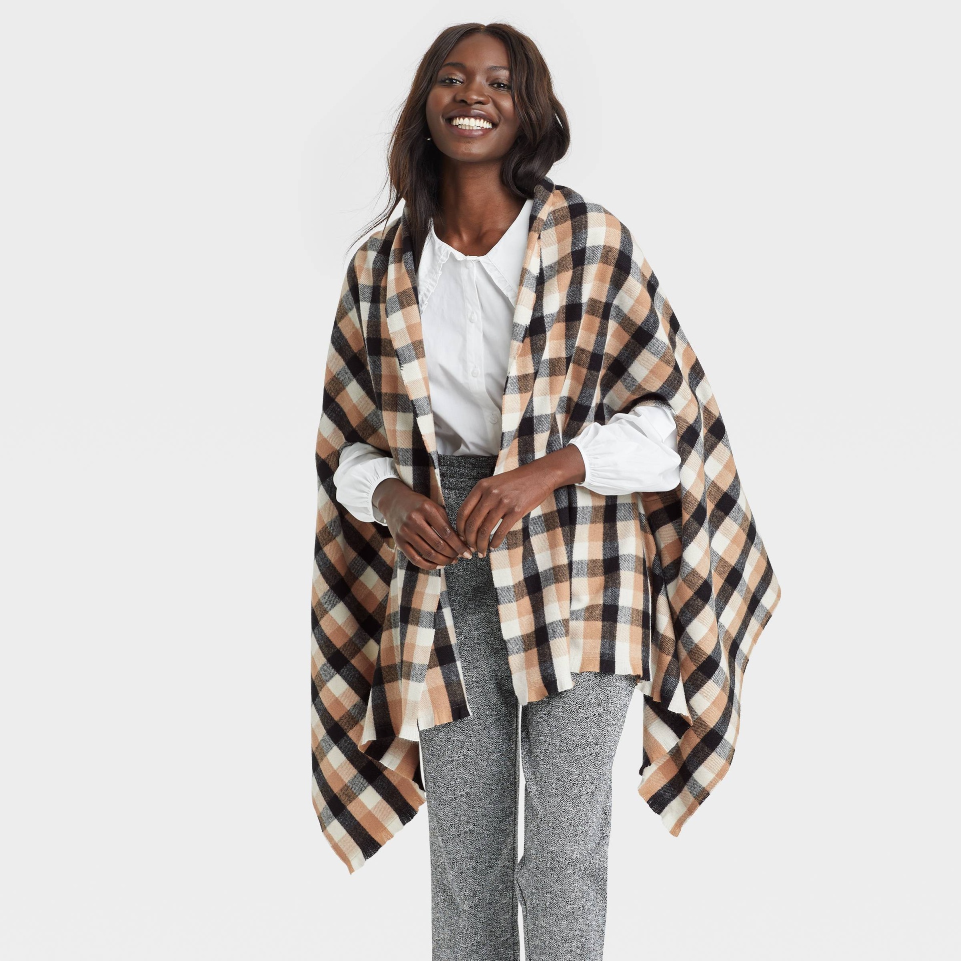 slide 1 of 3, Women's Plaid Wrap Jacket - A New Day Brown One Size, 1 ct