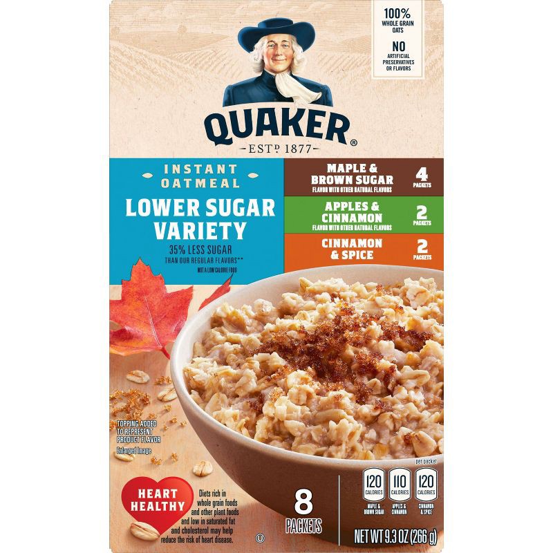 slide 2 of 8, Quaker Lower Sugar Variety Pack Oatmeal - 9.3oz, 9.3 oz