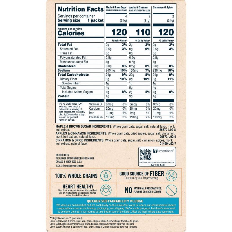 slide 3 of 8, Quaker Lower Sugar Variety Pack Oatmeal - 9.3oz, 9.3 oz