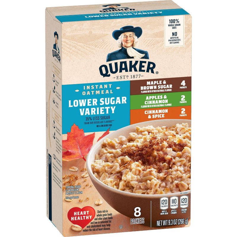 slide 1 of 8, Quaker Lower Sugar Variety Pack Oatmeal - 9.3oz, 9.3 oz