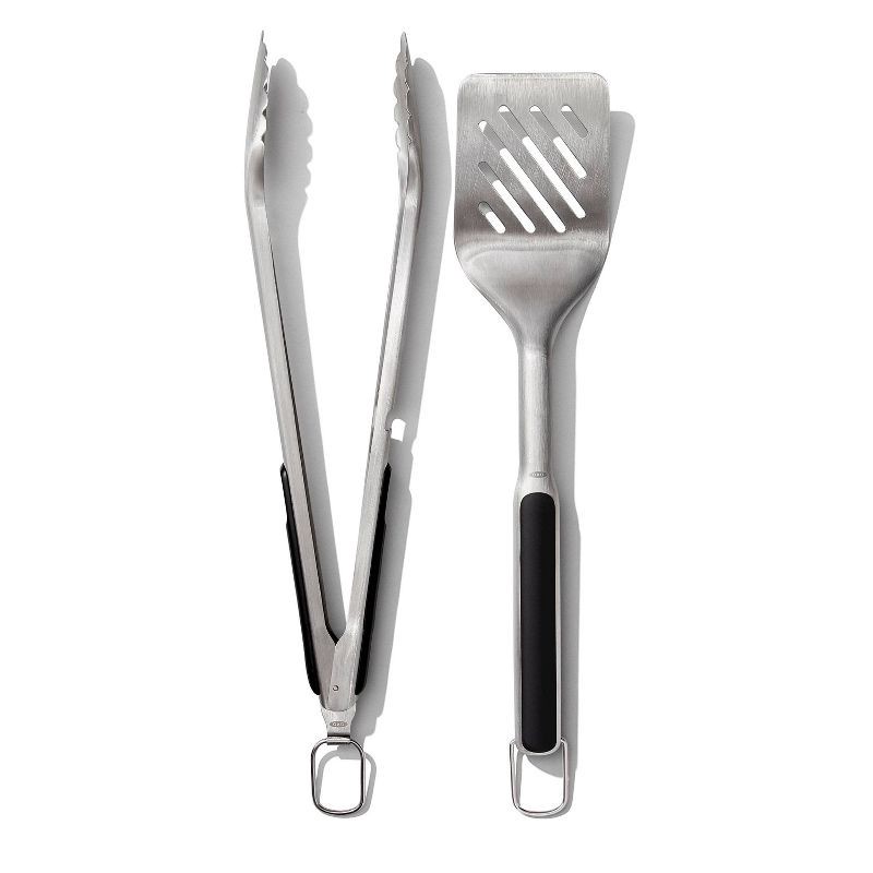 slide 1 of 10, OXO Grilling Turner and Tong Set: Stainless Steel Grill Tools & Utensils, Rust-Resistant, Dishwasher-Safe, 2-Piece Set, 1 ct