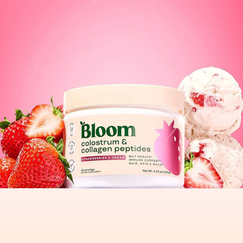 slide 6 of 7, BLOOM NUTRITION Colostrum & Collagen Peptides Powder - Strawberries & Cream - 25ct, 25 ct