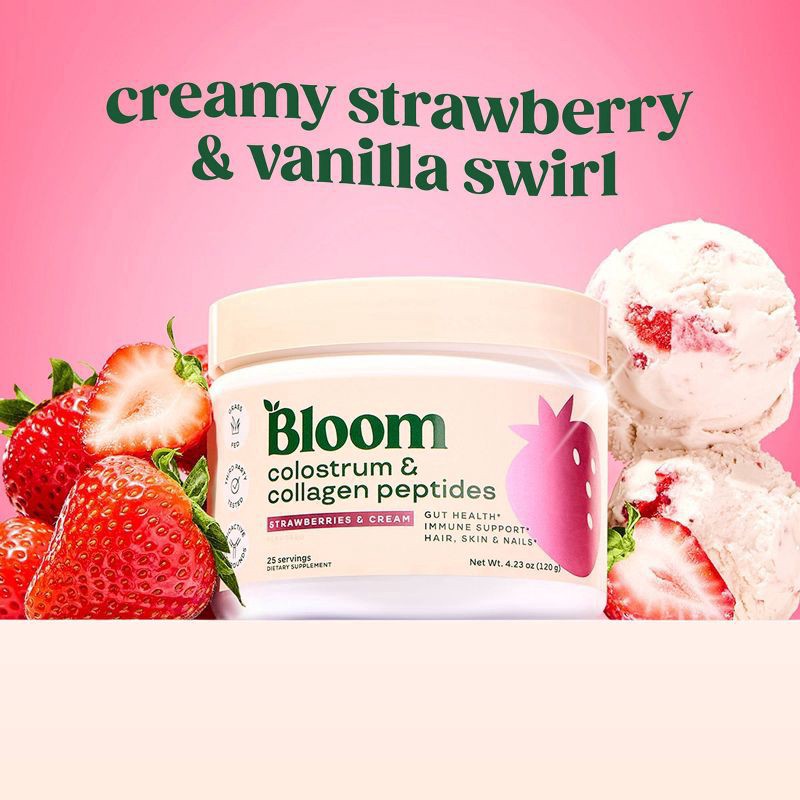 slide 7 of 7, BLOOM NUTRITION Colostrum & Collagen Peptides Powder - Strawberries & Cream - 25ct, 25 ct