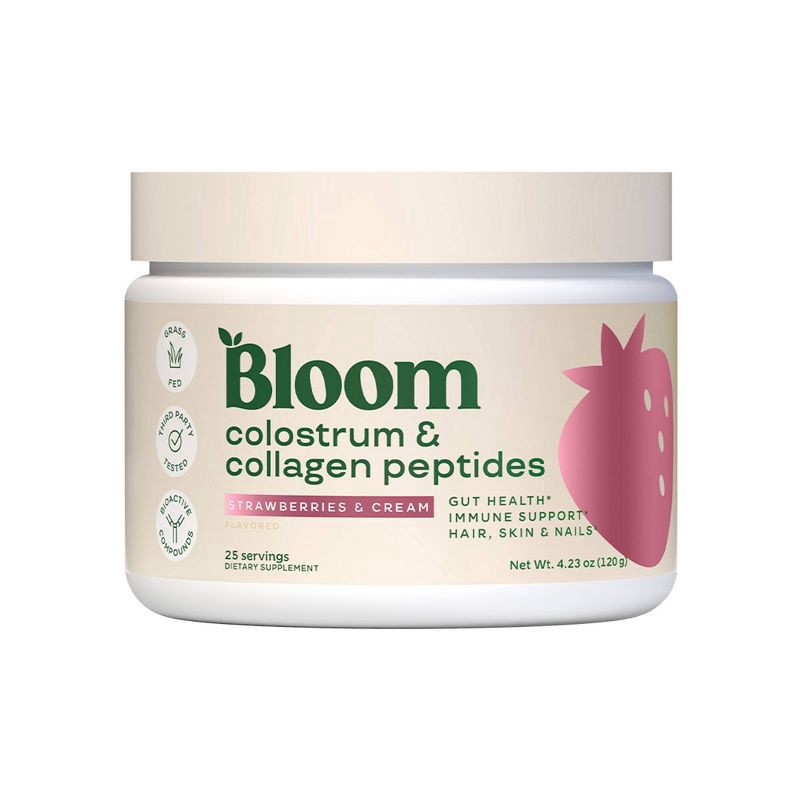 slide 1 of 7, BLOOM NUTRITION Colostrum & Collagen Peptides Powder - Strawberries & Cream - 25ct, 25 ct