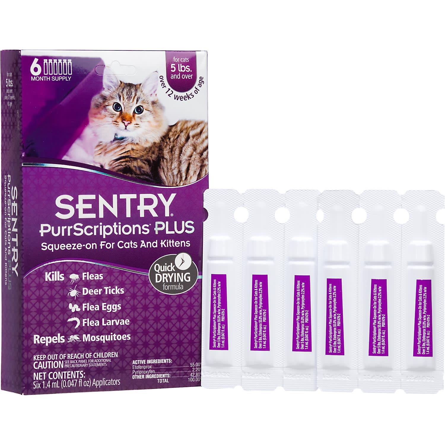 slide 1 of 1, Sentry PurrScriptions Plus Cat & Kitten Squeeze-On Flea & Tick Control, For Cats over 5 lbs., 6 ct