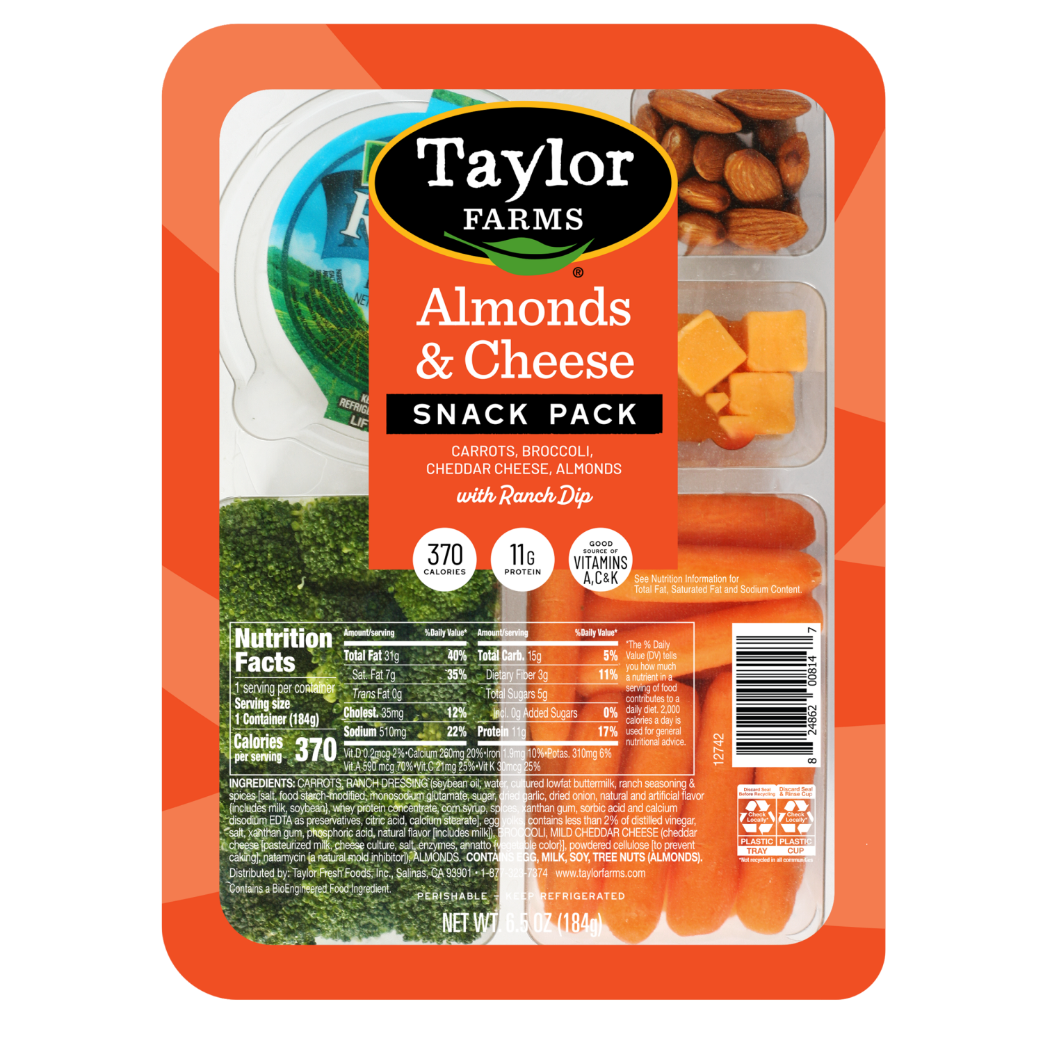 slide 1 of 1, Taylor Farms Almonds & Cheese Snack Pack, 6.5 Oz, 6.5 oz