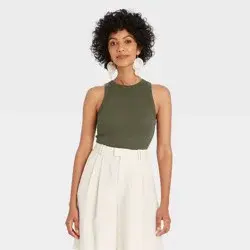 Women's Slim Fit Ribbed High Neck Tank Top - A New Day™ Olive L
