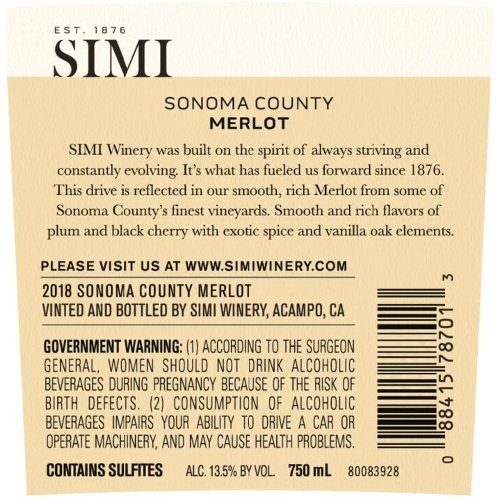slide 5 of 7, SIMI Sonoma County Merlot Red Wine, 750 mL Bottle, 25.36 fl oz