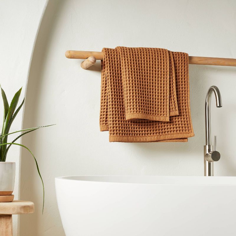 slide 2 of 4, Waffle Hand Towel Warm Brown - Casaluna™: 100% Cotton, Pre Washed, Lightweight 300-450 GSM, OEKO-TEX Certified, 1 ct