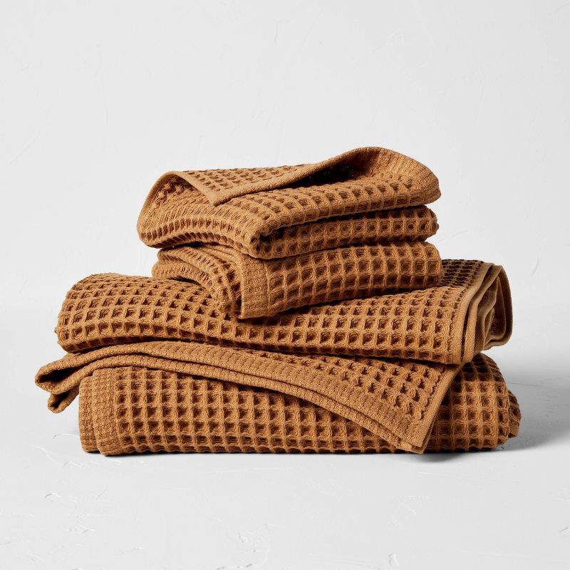 slide 4 of 4, Waffle Hand Towel Warm Brown - Casaluna™: 100% Cotton, Pre Washed, Lightweight 300-450 GSM, OEKO-TEX Certified, 1 ct