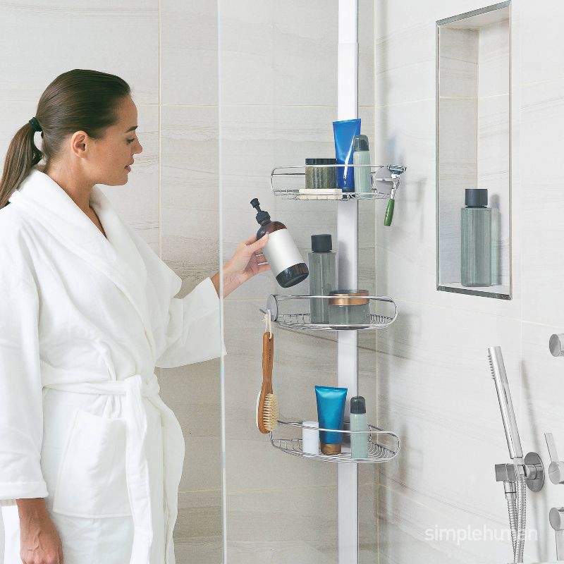 slide 2 of 5, simplehuman 8' Tension Pole Shower Caddy - Stainless Steel/Anodized Aluminum: Adjustable Bath Organizer with Storage Rack, 1 ct