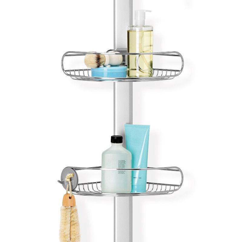slide 4 of 5, simplehuman 8' Tension Pole Shower Caddy - Stainless Steel/Anodized Aluminum: Adjustable Bath Organizer with Storage Rack, 1 ct