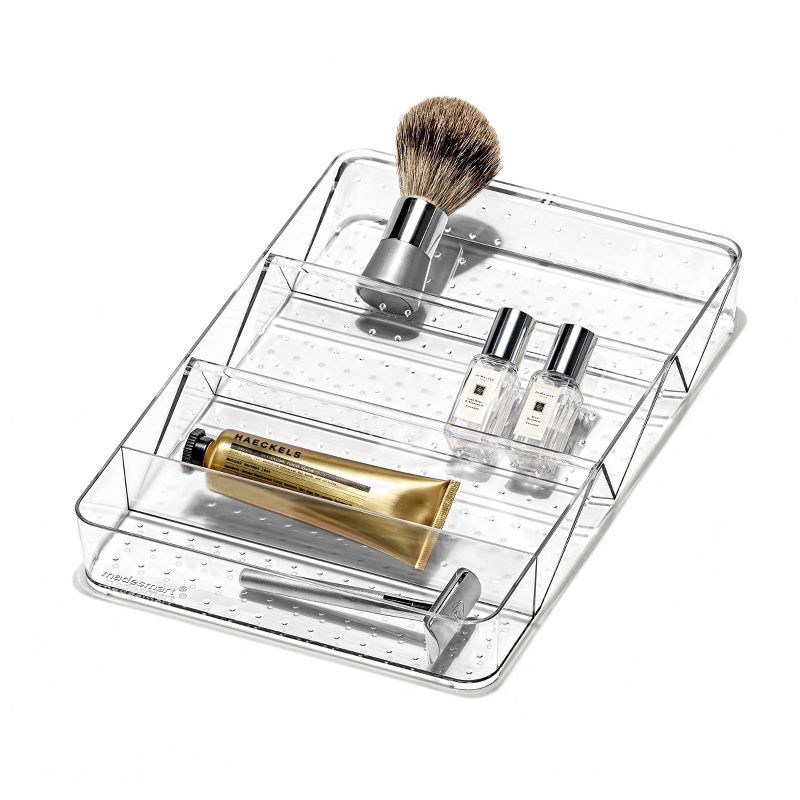 slide 2 of 3, Large Shallow Tray with Angled Dividers Clear - madesmart: Plastic Drawer Organizer for Hair Supplies & Toiletries, 1 ct