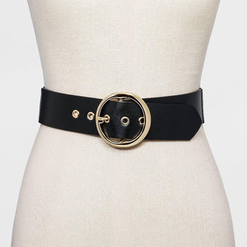 slide 2 of 2, Women's Round Stretch Buckle Belt - A New Day™ Black M: Wide Adjustable Strap, Solid Pattern, Blend, 1 ct